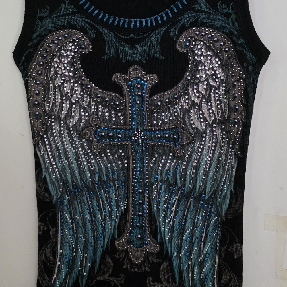 Black and White Embellished Tank Top with Wing Design